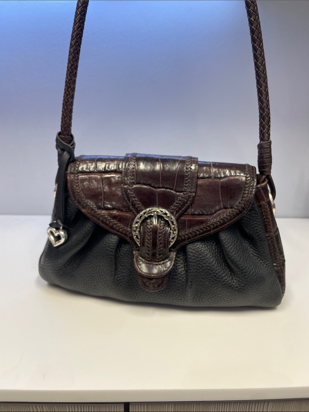 BRIGHTON Vintage Brown and Black Croc-Accent Shoulder Bag - Picture 2 of 12